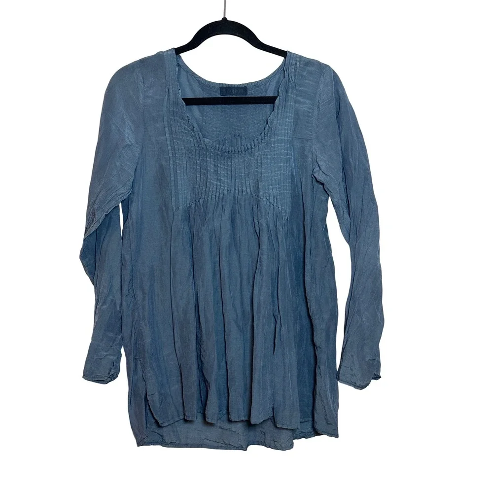 CP Shades Blue Cotton Silk Blend Pintuck Pleated Tunic Top Lagenlook Size S - Picture 1 of 5